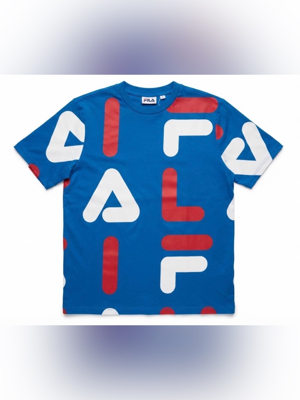 Fila T-Shirt Men's XXL Blue Red White Logo All Over Print AOP Short Sleeve Tee